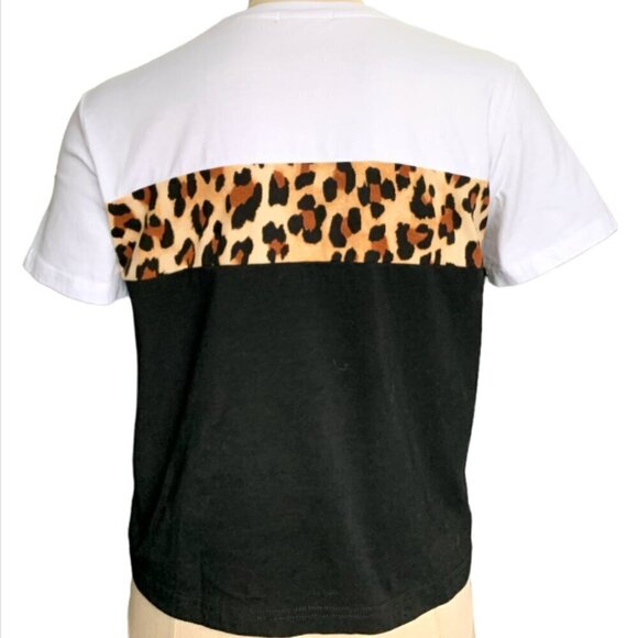 Hotouch Cropped Boxy Tee Colorblock Leopard, Black, White M #39M - Picture 4 of 8